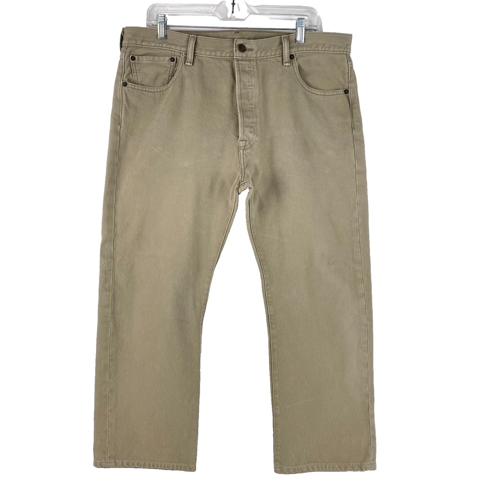 Levis 501 Jeans Mens 38x27 Khaki Denim Straight Leg Button Fly Pants Altered